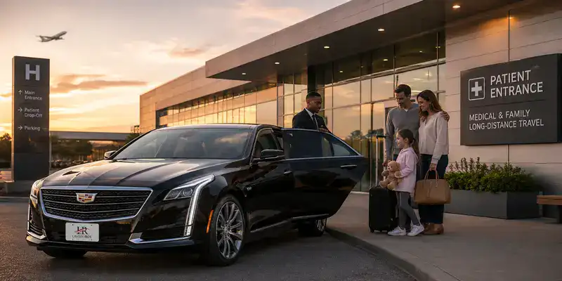Luxury Cadillac sedan with the official Lavish Ride logo welcomes a family at a medical center for comfortable long-distance transportation.